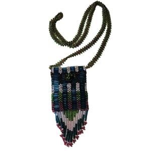 Vintage Tribal Striped Geometric Seed Bead Pouch Fringed Necklace